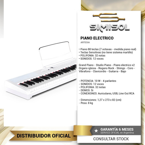 Imagen 3 de 5 de Piano Digital Electrico Artesia 88 Teclas Sensitivo + Envio
