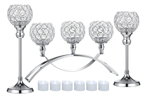 Portavelas De Cristal De Plata, Juego De 3 Con 6 Velas Led P