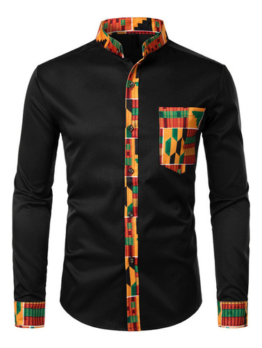 Camisa De Manga Larga Con Botones Y Estampado De Patchwork P