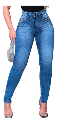 Calça Jeans Feminina Cós Alto Bordada Com Strass Brilhantes