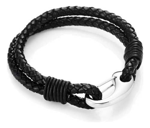 Urban Jewelry Pulsera Trenzada De Cuero Genuino Negro Con Ci