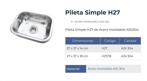 Pileta Bacha Cocina Simple Acero Inox 27 X 37 X 14 Dh27