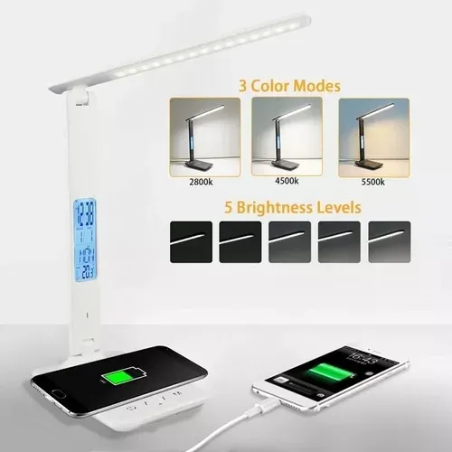 Lámpara Escritorio Táctil Plegable Led Hora Temperatura Estructura Blanco