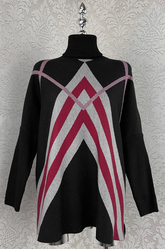 Sueter Largo Oversize Tejido Punto Stretch Cuello Alto Rayas