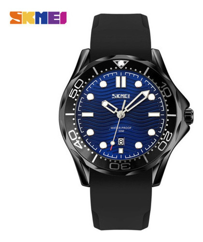 Relógios impermeáveis Skmei Classic Quartz Calendar, cor da pulseira, preto/azul