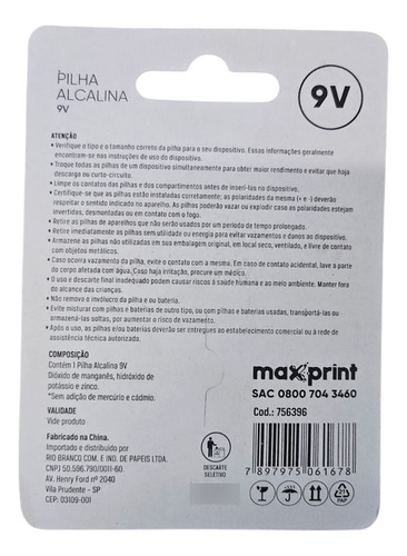 Pilha Bateria 9v Alcalina Maxprint Blister C/ 1 Unidade