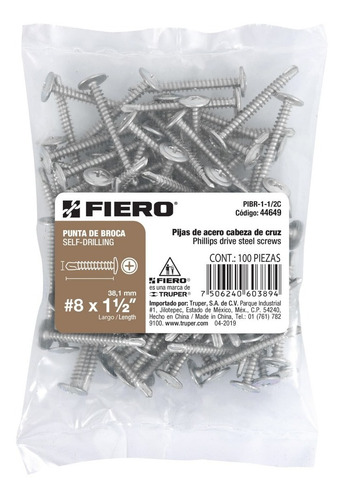 Bolsa C/100pijas Fiero Cabeza Cruz Punta Broca 1-1/2 44649