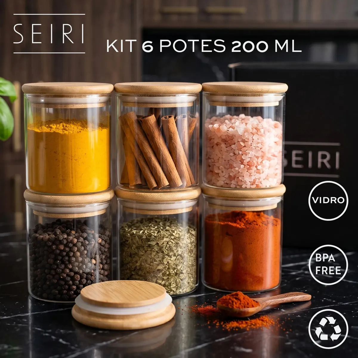 Kit 6 Potes Porta Temperos Vidro Borossilicato Hermético Tampa Bambu Organizador Cozinha 200 ml Seiri