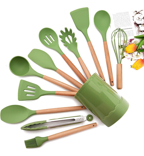 Juego 12 Utensilios Silicona Verde Resistente Al Calor