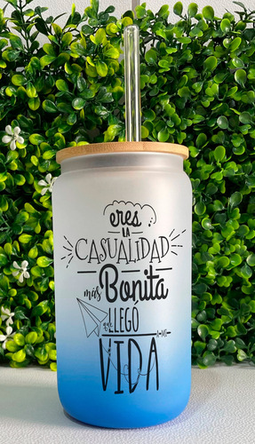 Vaso Vidrio Con Tapa De Bambú Varios Colores Con Frase Amor Azul/ Casualidad