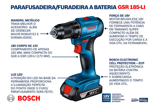 Parafusadeira A Bateria Brushless 18v Gsr 185-li Professional Bosch 110/220v