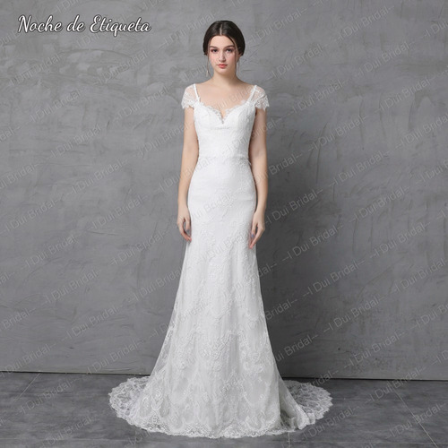 Imagen 2 de 5 de Vestido De Novia Corte Recto Manga Corta Escote V Encaje