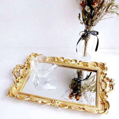 Fuente Dorada Decorativa Con Espejo Bandeja 40 X 26 Cm