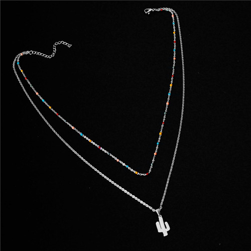 Collar Con Colgante De Cactus Simple De Doble Capa Y Cadena