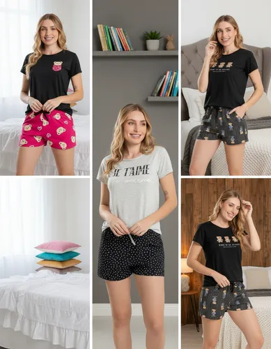 Kit 03 Pijamas Feminino Manga Curta Verao Shorts Doll