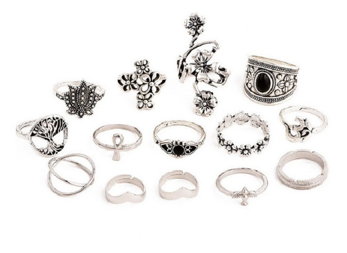 Set 14 Anillos Flor Loto Midi Ajustables Vintage Nudillo Ave