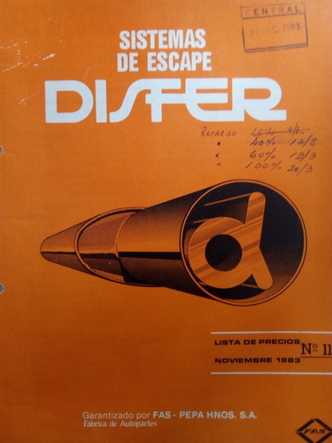 Antiguo Catálogo Disfer Caño Escape Auto Detallado Año 1983