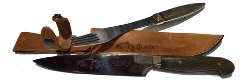 Juego Cuchillo Tenedor Logo Dorado 29cm + Vaina De Cuero