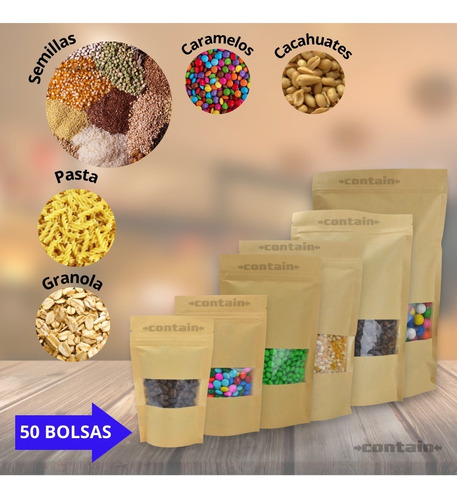 50 Bolsa Stand Up Pouch Con Cierre Kraft Ventana De 200 Grs