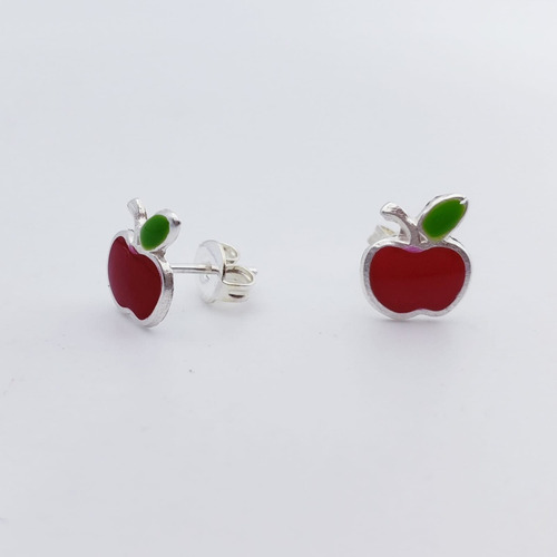 Aretes De Manzana, Un Par, Color Rojo, En Plata Fina .925