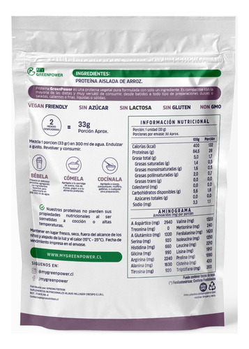 Proteina Arroz Aislada Vegan 1 Kg My Green. Sin Azucar