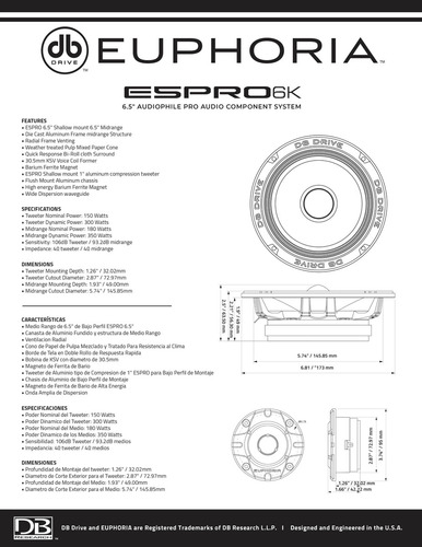Set De Medios Rangos Para Automóvil Euphoria By Db Drive E5pro 6k 6.5 Pulgadas 350 Watts Máximo 180 Watts Rms 4 Ohms Color Negro