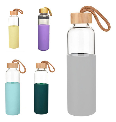 20 Botella De Vidrio Para Agua Bebidas Tapa Bambu Silicona Color Gris