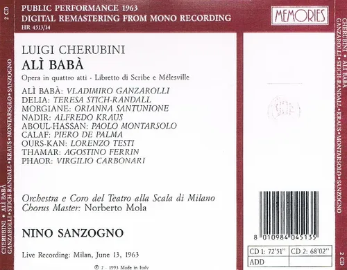 Luigi Cherubini - Alì Baba, Ganzarolli, Nino Sanzogno. 1993 Memories – HR 4513 - 14 2xCD Luigi Cherubini - Alì Baba, Ganzarolli, Nino Sanzogno. 1993 Memories – HR 4513 - 14 2xCD
