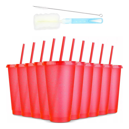 10 Vasos Reutilizables Plástico 710 Ml C/tapa Y Popote