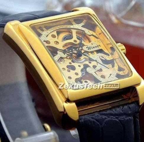 Relógio Quadrado Masculino Homem Dourado Mecânico Couro