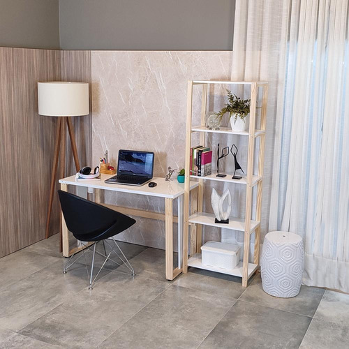 Mesa de estudio y estantería para oficina en casa con estantes de madera blancos