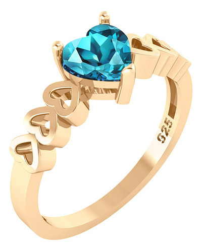 Anel Luxo Coração Prata 925 Dourada A Ouro 18k- Topázio Azul