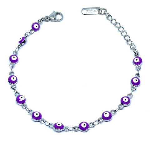 Pulsera Ojito Turco Morado Acero Inoxidable Plateado 4 Mm