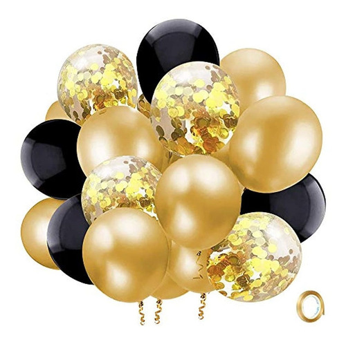 Globos De Látex Con Confeti De Oro Negro, Paquete De 50