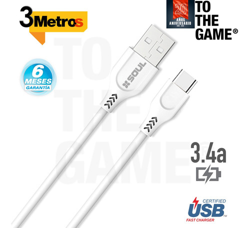 Imagen 2 de 6 de Cable Usb C 3 Metros 3.4a Soul Para S10 S20 S21 Pus Ultra