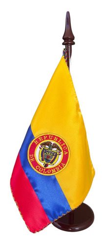 Bandera Colombia Para Escritorio Con Escudo Base Madera