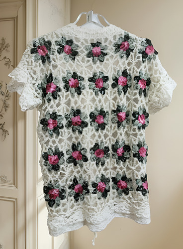 Sweater Lana Mohair Crochet Calado Flores Rosas 3d Y Brillos