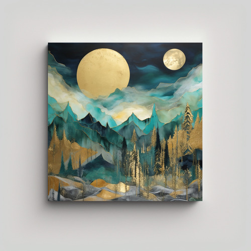 70x70cm Cuadro Abstracto Montañas Árboles Luna Noche