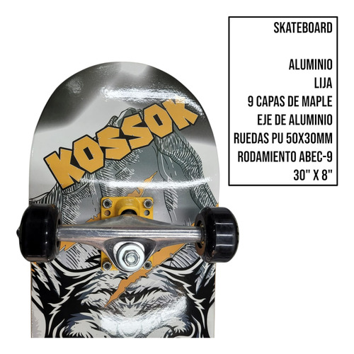 Skate Completo Kossok Patineta Eje De Aluminio Lija 9 Maple Negro Amarillo 310