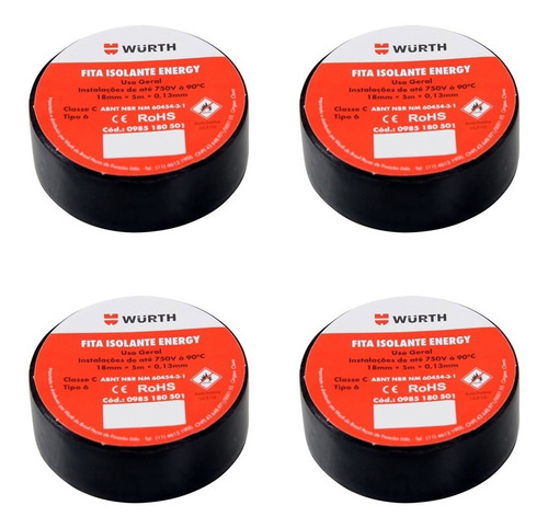 Kit 04 Fita Rolo Tape Isolante Antichama Energy Wurth 10m