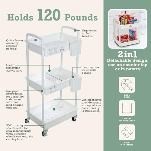 Carrito De Utilidad De Plástico De 3 Niveles Con Ruedas Gira