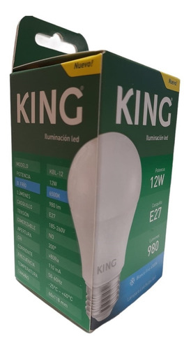 Imagen 4 de 6 de Pack 10 King Lampara Led Bulbo A60 - Blanco Frío 12w E27