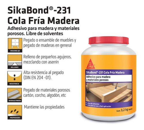 Imagen 2 de 8 de Sikabond 231 Cola Fría Madera Extra Firme 3,2 Kg