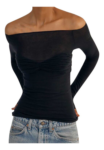 Blusa De Verano De Manga Larga Lisa Con Hombros Descubiertos
