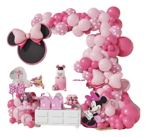 Kit Mickey Mouse Minnie Arco De Globos Rosa Negro Fucsia 
