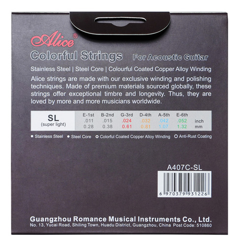Cuerdas Para Guitarra Acústica Arco Iris 11-52 Alice A407c-s
