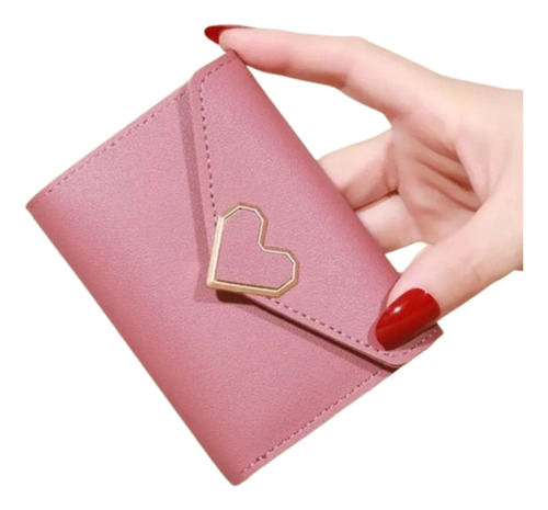 Billetera para mujer de moda plegable PU color rosa