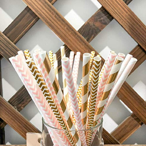 Pajitas De Papel Biodegradables, 100 Pajitas Rosa/doradas Pa