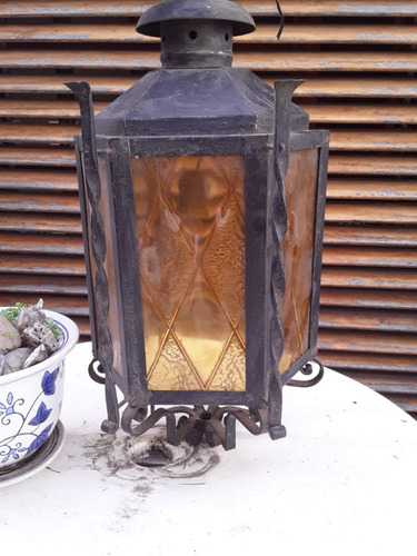 Farol Lampara Colgante De Hierro Forjado Y Vidrio Colonial (Usado)