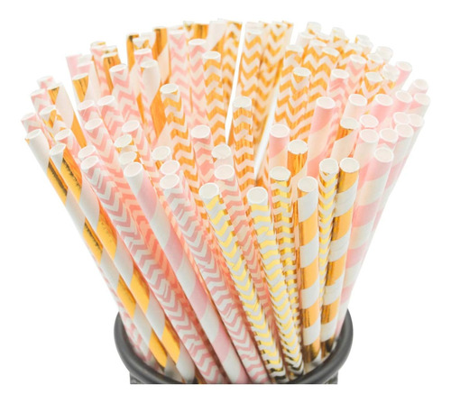 Pajitas De Papel Biodegradables, 100 Pajitas Rosa/doradas Pa